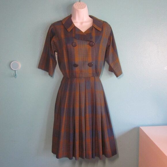 Vintage 50's Dress Serbin of Florida Muriel Ryan Fits Size M Blue Green Plaid - Picture 10 of 14